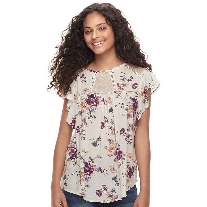 Juniors' Rewind Mesh Inset Ruffle Sleeve Top, Teens, Size: Xl, Natural