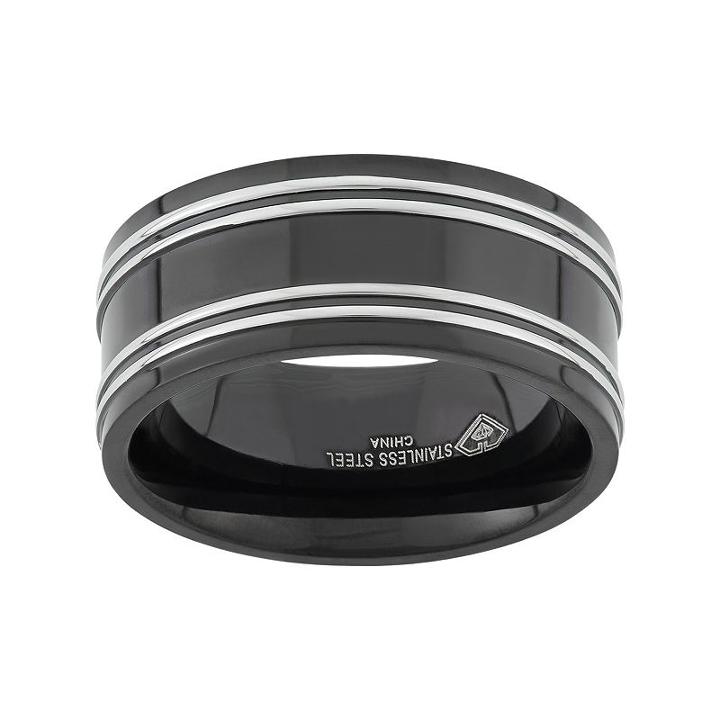 Two Tone Stainless Steel Striped Wedding Band - Men, Size: 8.50, Grey