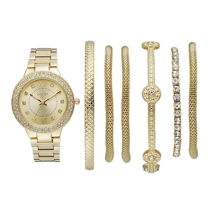 Folio Women's Crystal Watch & Bracelet Set, Size: Medium, Yellow