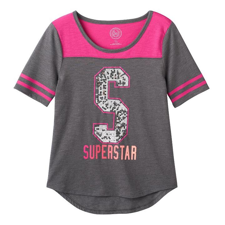 Girls 7-16 & Plus Size So&reg; Sequin Graphic Varsity Tee, Girl's, Size: 14 1/2, Light Grey