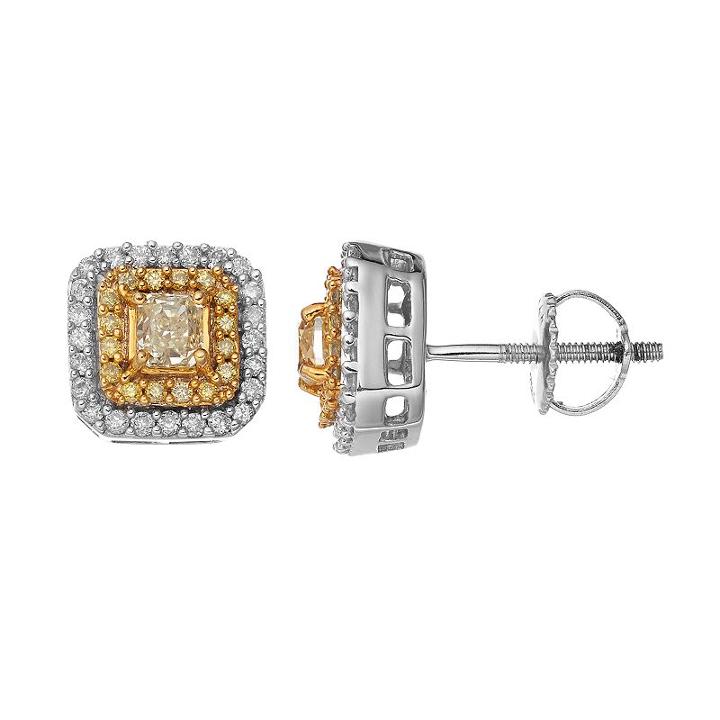 14k White Gold 5/8 Carat T.w. Yellow & White Diamond Halo Stud Earrings, Women's