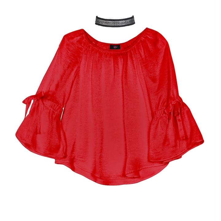 Girls 7-16 & Plus Size Iz Amy Byer Tie Bell Sleeve Top With Choker Necklace, Size: L Plus, Red