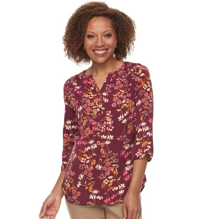 Petite Croft & Barrow&reg; Smocked Printed Top, Women's, Size: M Petite, Dark Pink