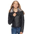 Juniors' J-2 Faux Fur Trim Textured Faux-leather Jacket, Teens, Size: Small, Black