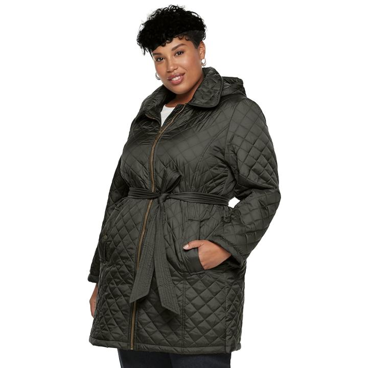 Plus Size Tower By London Fog Hooded Quilted Belted Jacket, Women's, Size: 3xl, Green