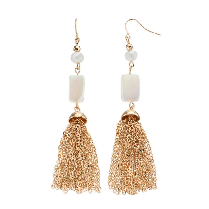 White Beaded Chain Tassel Drop Earrings, Women's