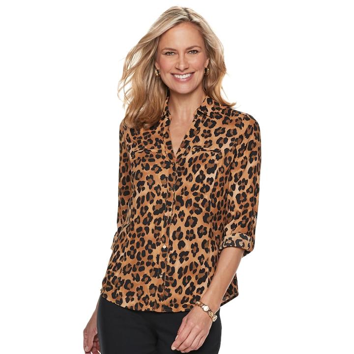 Women's Dana Buchman Roll-tab Camp Shirt, Size: Medium, Beig/green (beig/khaki)