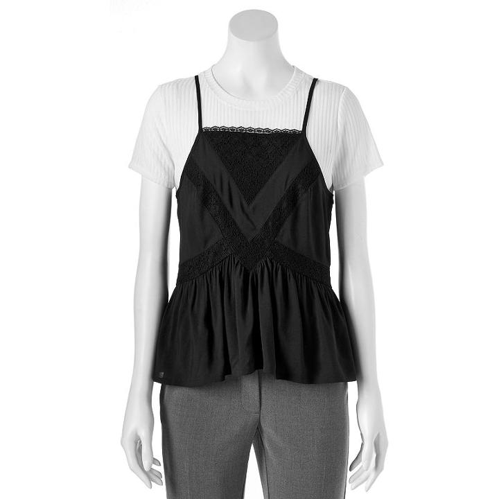 Juniors' Candie's&reg; Lace Mock-layer Tee, Girl's, Size: Small, Black
