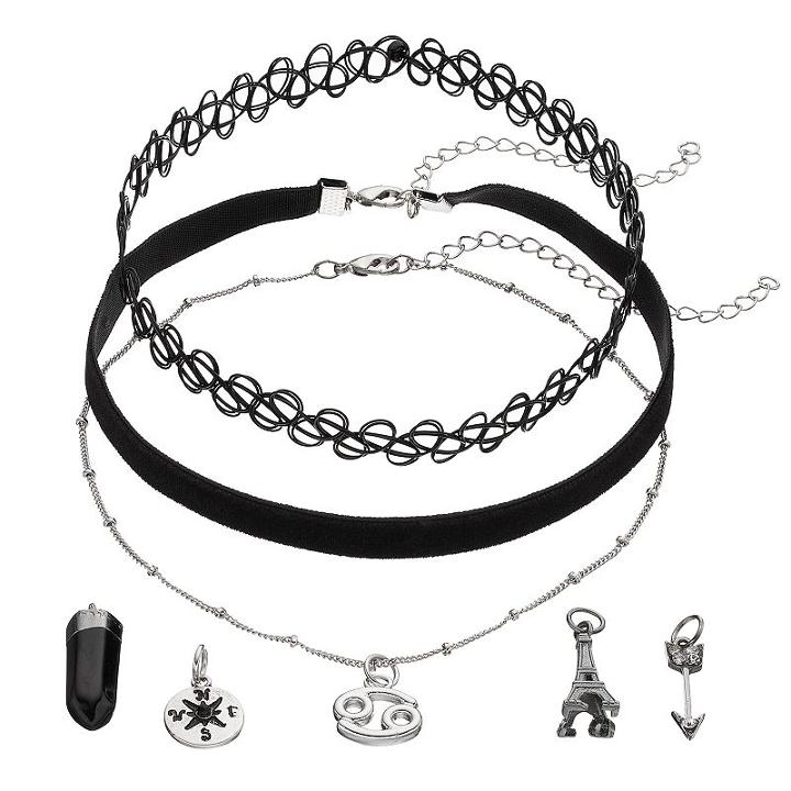 Mudd&reg; Cancer, Eiffel Tower & Compass Charm Choker Necklace Set, Women's, Black