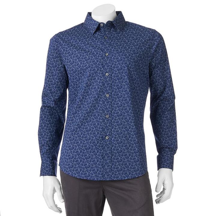 Men's Apt. 9&reg; Slim-fit Patterned Stretch Button-down Shirt, Size: Small Slim, Dark Blue