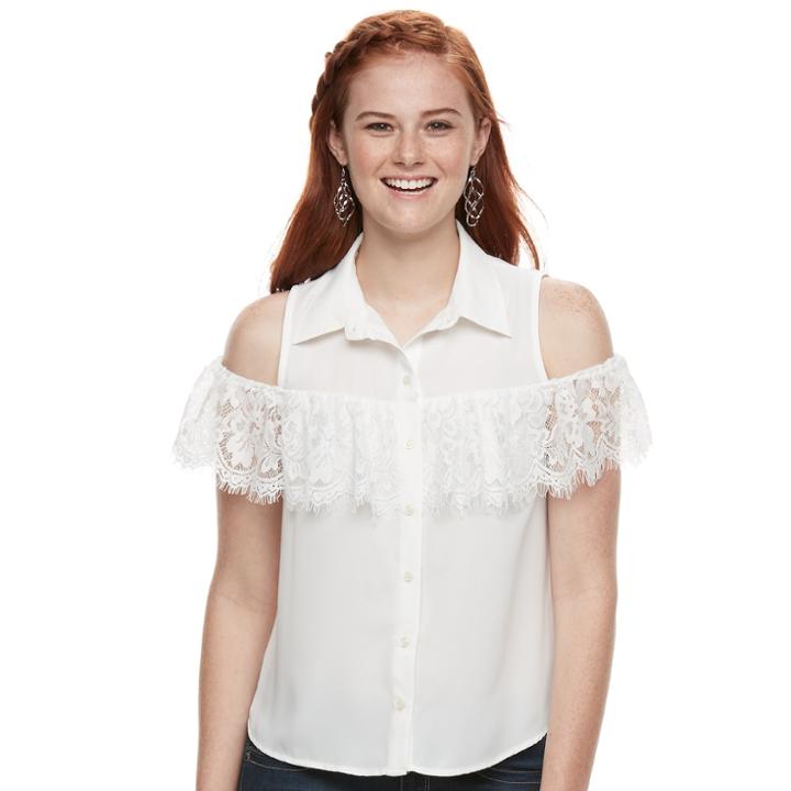 Juniors' Love, Fire Lace Ruffle Cold-shoulder Blouse, Teens, Size: Xl, White