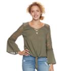 Juniors' Mudd&reg; Lace Shoulder Bell Sleeve Top, Teens, Size: Small, Med Green