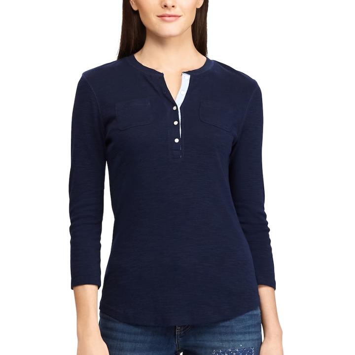 Women's Chaps Velvet Trim Henley, Size: Medium, Blue