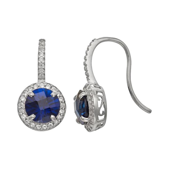 Sterling Silver Lab-created Sapphire And Lab-created White Sapphire Halo Drop Earrings, Women's, Blue