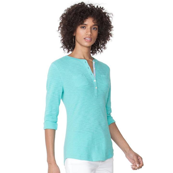 Women's Chaps Slubbed Henley, Size: Large, Green