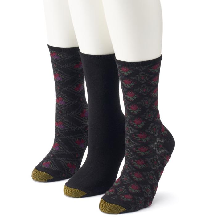 Women's Goldtoe&reg; 3-pack Floral Crew Socks, Size: 9-11, Black Diamond