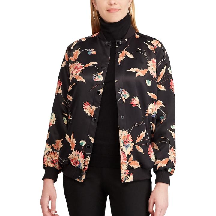 Women's Chaps Floral Bomber Jacket, Size: Large, Black