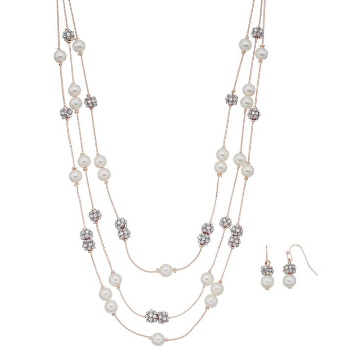 Rose Gold Tone Simulated Pearl Multi Strand Necklace & Drop Earring Set, Women's, Pink
