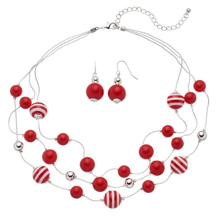 Red Striped Bead Multi Strand Necklace & Drop Earring Set, Women's, Med Red