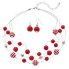 Red Striped Bead Multi Strand Necklace & Drop Earring Set, Women's, Med Red