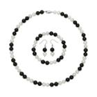Sterling Silver Freshwater Cultured Pearl And Onyx Bead Necklace, Stretch Bracelet And Drop Earring Set, Women's, Size: 18, Black