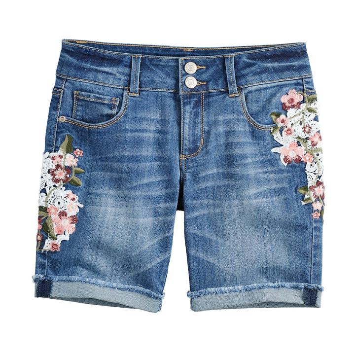 Girls 7-16 & Plus Size Mudd&reg; Embroidered Floral Denim Bermuda Shorts, Size: 10, Med Blue