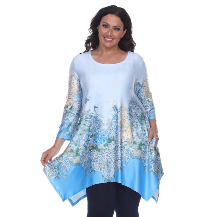 Plus Size White Mark Scroll Shark-bite Tunic, Women's, Size: 2xl, Light Blue