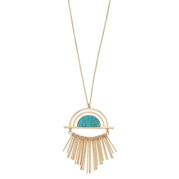 Simulated Turquoise Semicircle Long Fringe Pendant Necklace, Women's, Gold