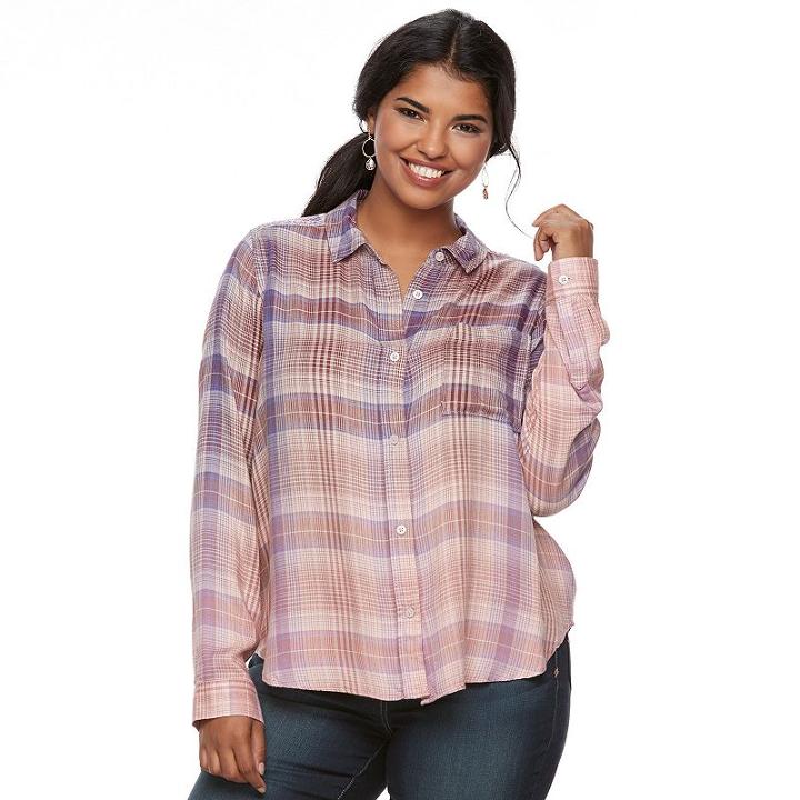 Juniors' Plus Size Mudd&reg; Plaid Flannel Shirt, Teens, Size: 1xl, Med Pink