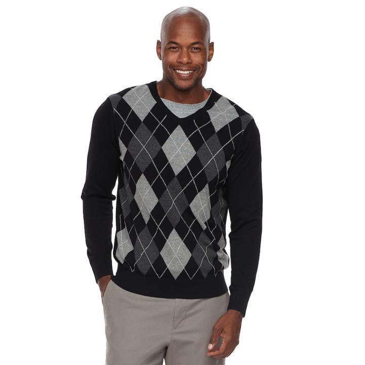 Men's Croft & Barrow&reg; Classic-fit Argyle Fine-gauge V-neck Sweater, Size: Xl, Black