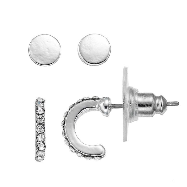 Chaps Nickel Free Round Stud & Half Hoop Earring Set, Women's, Silver