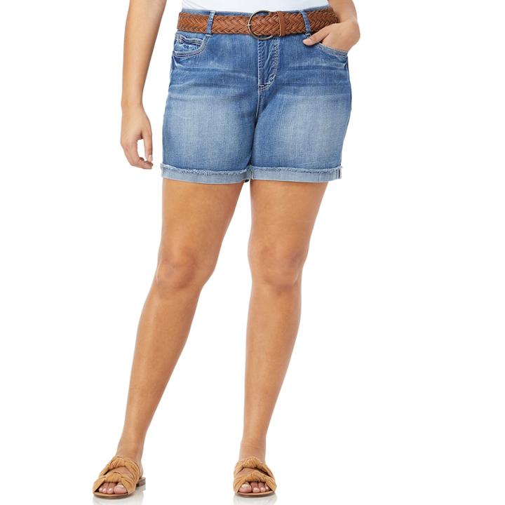 Juniors' Plus Size Wallflower Mid-rise Belted Luscious Curvy Jean Shortie Shorts, Teens, Size: 16, Orange