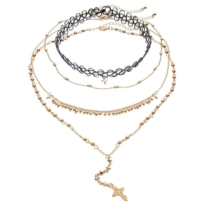 Cross Tattoo Choker & Y Necklace Set, Women's, Gold
