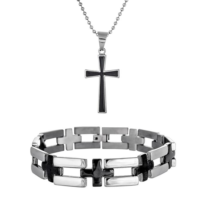 Black Ion-plated Stainless Steel And Stainless Steel Cross Pendant And Bracelet Set - Men, Grey