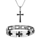 Black Ion-plated Stainless Steel And Stainless Steel Cross Pendant And Bracelet Set - Men, Grey