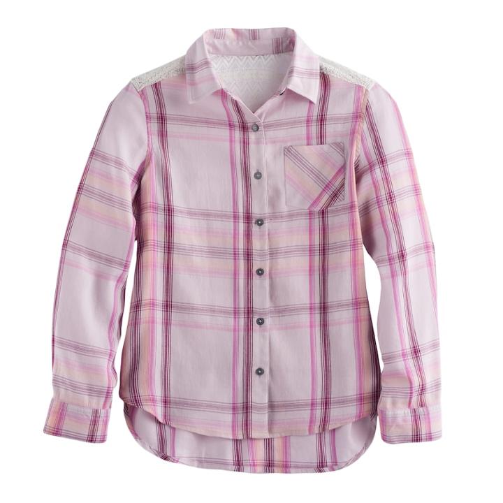 Girls 7-16 Mudd® Lace Back Yoke Plaid Button-down Shirt, Size: 7-8, Lt Purple