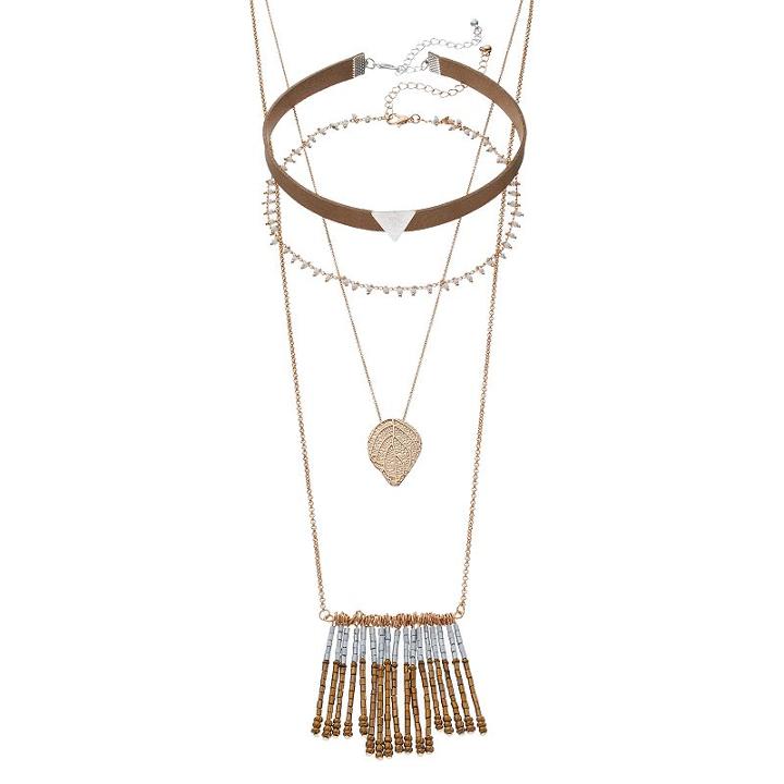 Mudd&reg; Leaf Fringe Double Strand & Triangle Choker Necklace Set, Women's, Multicolor