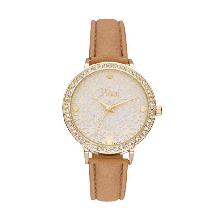 Vivani Women's Crystal Floral Watch, Lt Brown