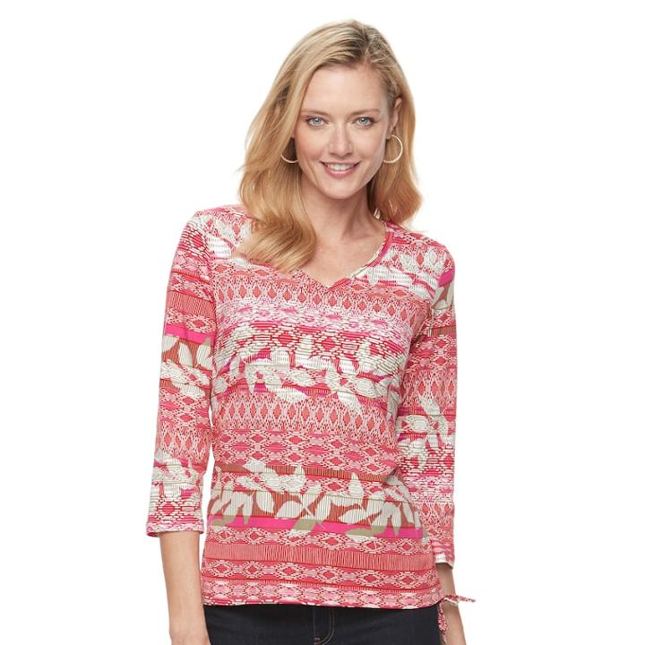 Women's Caribbean Joe Medallion Drawstring V-neck Tee, Size: Large, Dark Pink