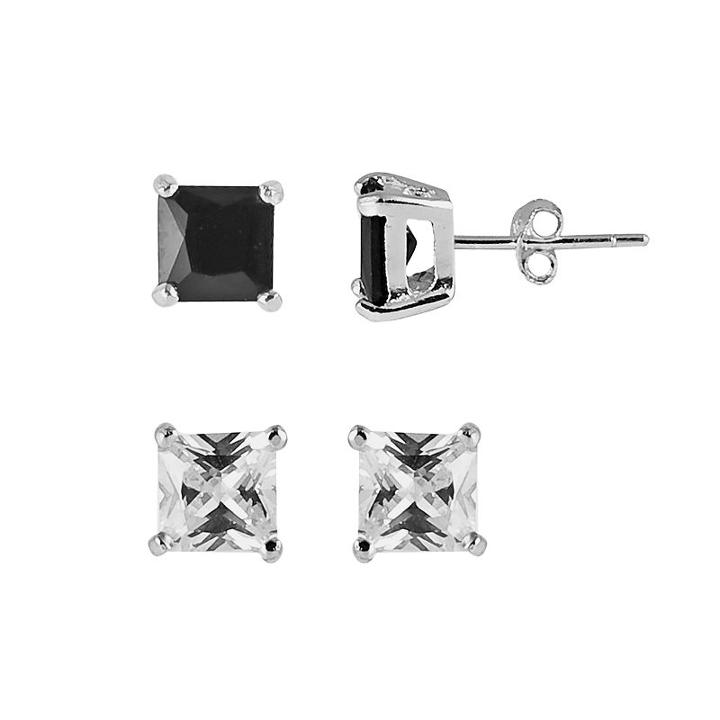 Sterling Silver Cubic Zirconia And Glass Stud Earring Set, Women's, Black