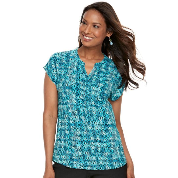 Women's Dana Buchman Print Splitneck Top, Size: Small, Dark Blue