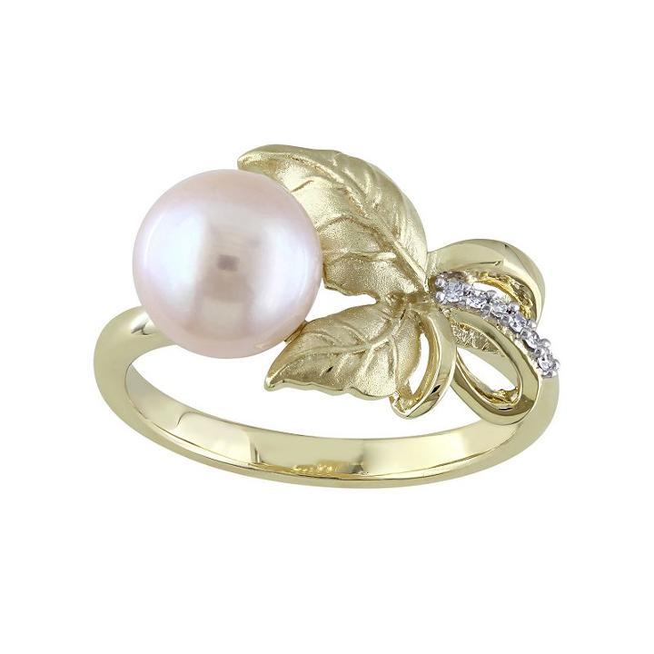 Laura Ashley 10k Gold Freshwater Cultured Pearl & Diamond Accent Leaf Ring, Women's, Size: 8, White
