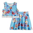 Girls 7-16 Blush Floral Print Pique Knit Lace Trim Tank Top & Flare Skirt Set, Size: 7, Brt Blue