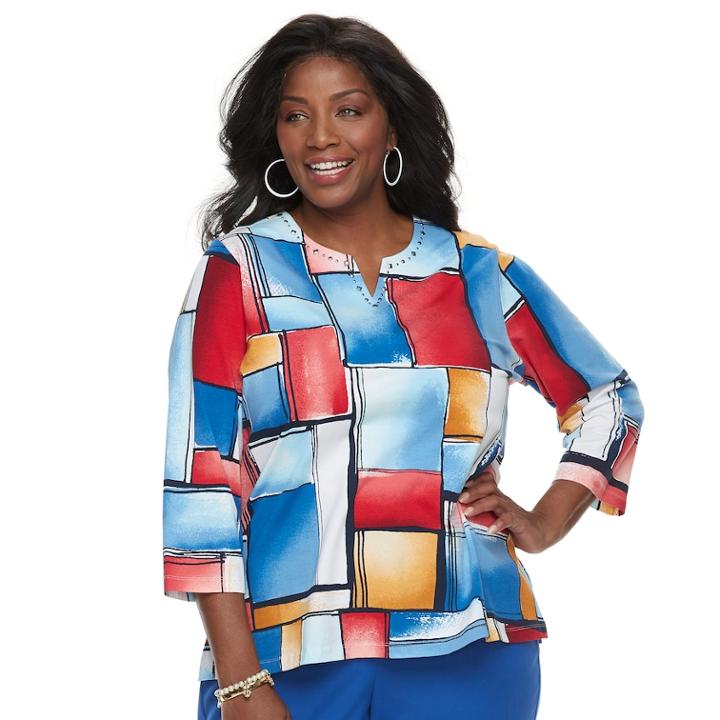 Plus Size Alfred Dunner Studio Patchwork Top, Women's, Size: 2xl, Navy Red Patchwork