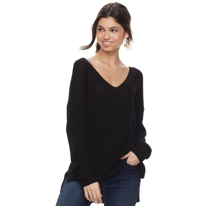 Juniors' Pink Rose Lattice Back V-neck Sweater, Teens, Size: Large, Black