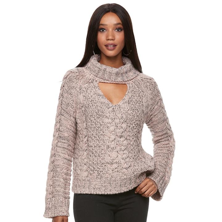 Women's Jennifer Lopez Cutout Cable-knit Turtleneck Sweater, Size: Xs, Light Pink