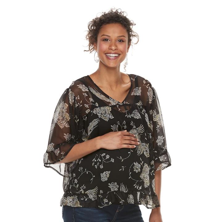 Maternity A:glow Print Chiffon Ruffled Top, Women's, Size: S-mat, Black
