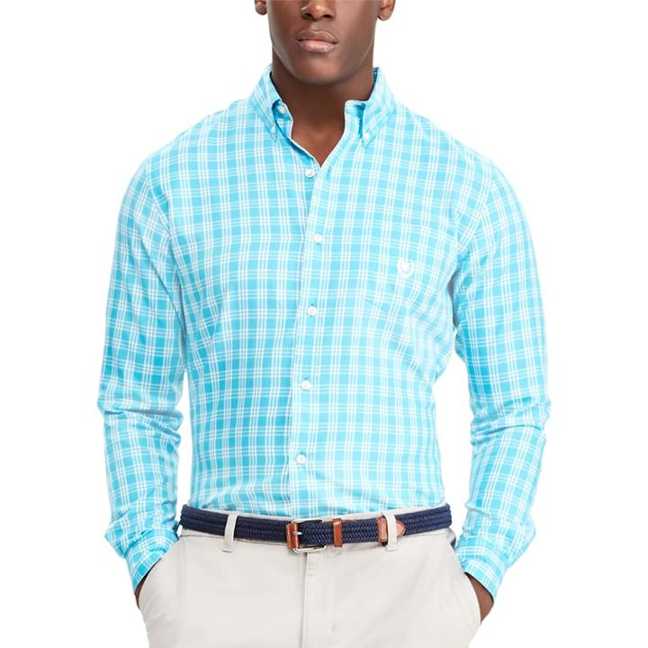 Men's Chaps Classic-fit Checked Performance Twill Button-down Shirt, Size: Medium, Blue