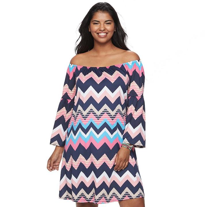 Juniors' Plus Size Wrapper Chevron Off-the-shoulder Dress, Teens, Size: 2xl, Blue Other