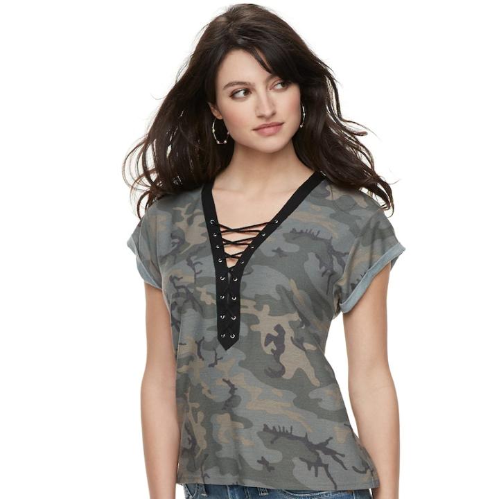 Women's Rock & Republic® Lace-up French Terry Tee, Size: Xl, Dark Green